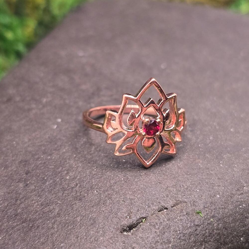 Garnet Copper Lotus Flower Ring Size 8 Red Gemstone Jewelry
